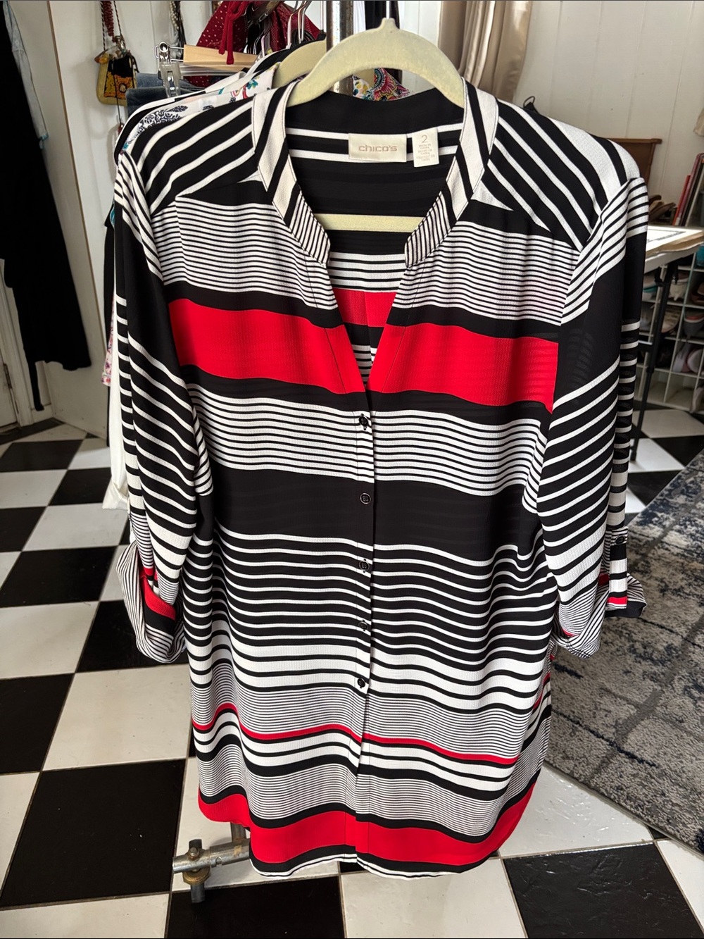 Chico’s Sz 2 (Xl fits like Sz 3) Tunic Top Tab Sl V-Neck Poly Crepe EUC